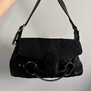 Rare Y2K Gucci Vintage Black Shoulder Bag with Horesebit Chain Detail